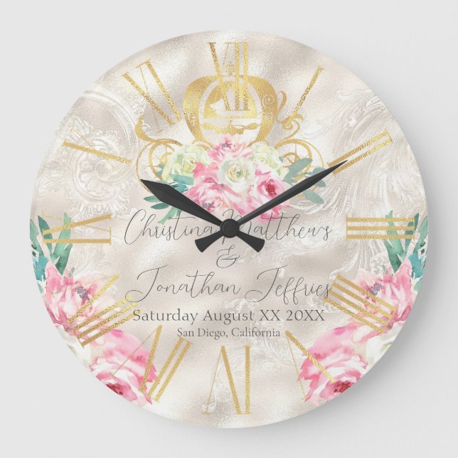 Carriage and Pink Flowers Fairy Tale Wedding Large Clock (Front)