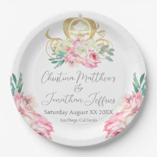 Carriage and Pink Flowers Fairy Tale Wedding Paper Plate