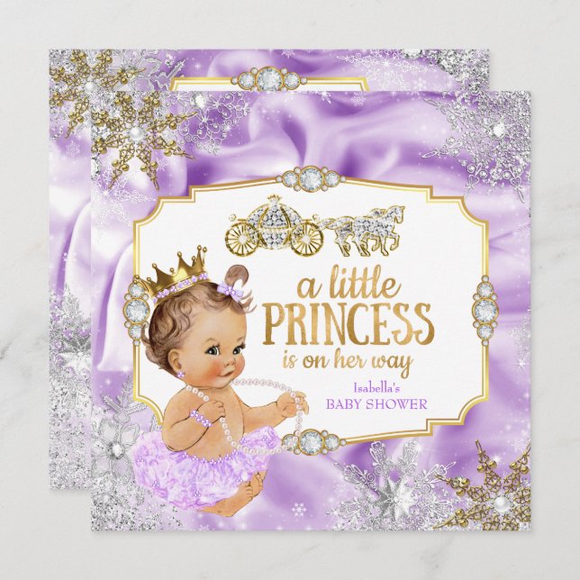 Carriage Princess Baby Shower Purple Brunette Invitation (Front/Back)