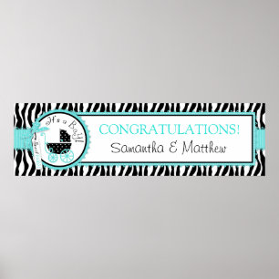 Carriage, Zebra Print Turquoise Baby Shower Banner