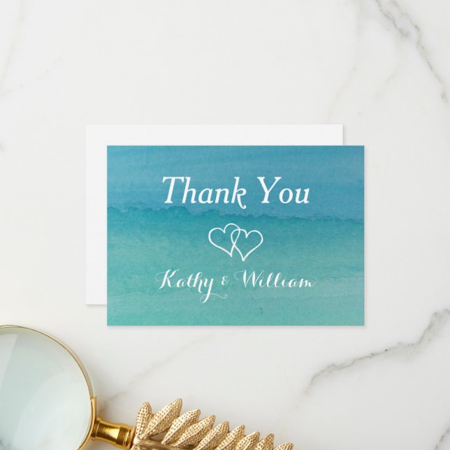 Carribean seascape watercolor beach wedding thank you card (Front/Back In Situ)