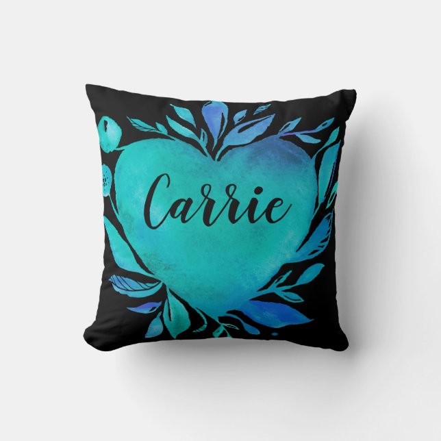 Carrie Watercolor Heart Blues Customisable Cushion (Front)