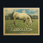 Carrollton Texas Horse Farm -Vintage Travel Postcard<br><div class="desc">Carrollton Texas rural vintage travel postcard.  It features a white horse grazing on green grass with fence and blue clouds sky above. A fun country farm image with rustic charm.</div>
