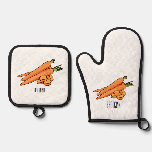 Carrot cartoon illustration oven mitt & pot holder set (Front)