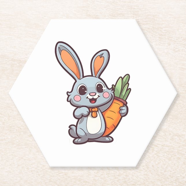 Carrot-Loving Easter Bunny Cute 2D Design Paper Coaster (Front)