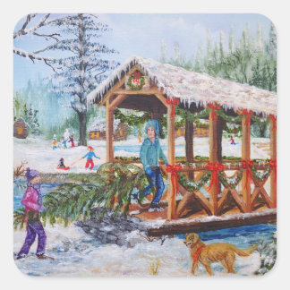 Carrying a Christmas Tree through the Snow Square Sticker