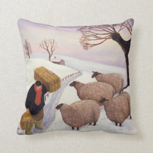 Carrying Hay to the Sheep in Winter Cushion