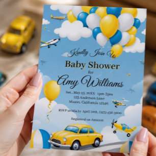 Cars and  aeroplanes Boy Baby Shower Invitation