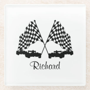 Cars and Chequered Flag Race Personal Glass Coaster