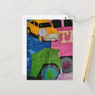 Cars and Trucks mixed media collage Postcard