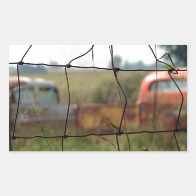 Cars and Trucks Rust Away in a Rural Field Rectangular Sticker (Front)