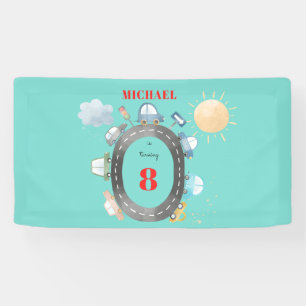 Cars and vehicles on the road boy birthday banner