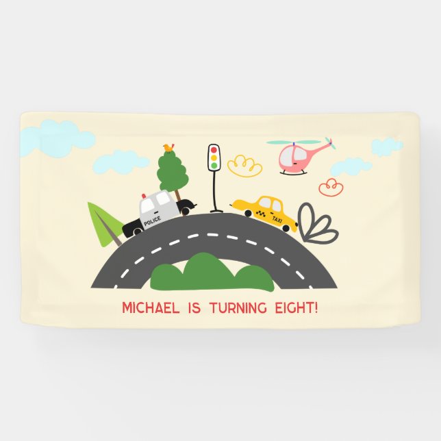 Cars and vehicles on the road boy birthday banner (Horizontal)