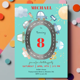 Cars and vehicles on the road boy birthday invitation