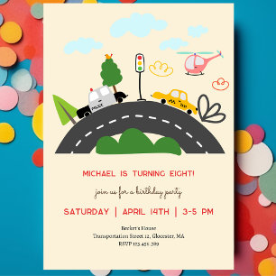 Cars and vehicles on the road boy birthday invitation