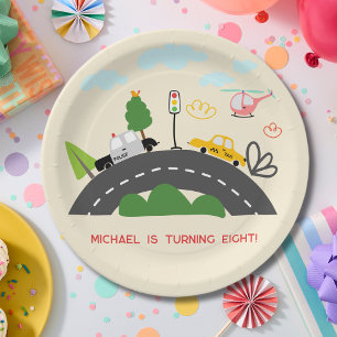 Cars and vehicles on the road boy birthday paper plate