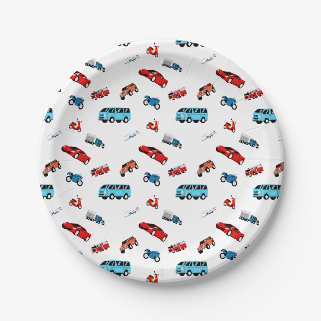 Cars Bikes Aeroplane Vehicles Transportation Theme Paper Plate (Front)