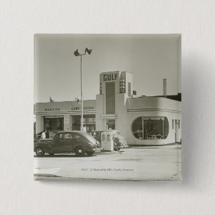 Cars parked at gas station 15 cm square badge
