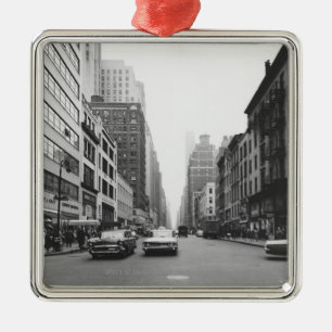 Cars riding on city street B&W Metal Tree Decoration