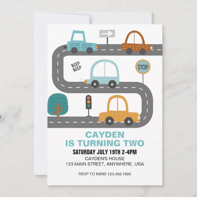 Cars road Birthday Invitation (Front)