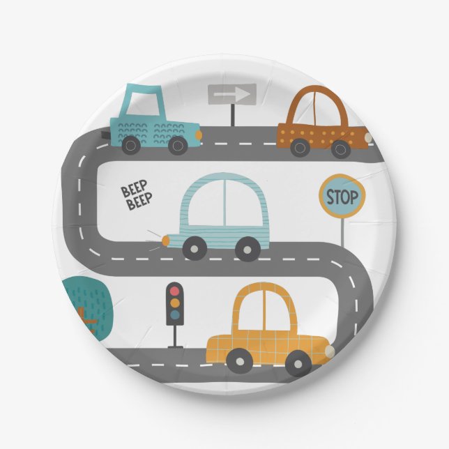 Cars road Birthday Invitation Paper Plate (Front)