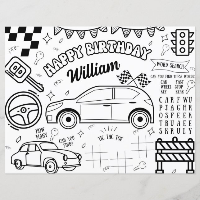  Cars Theme Printable Birthday Colouring Page  (Front)