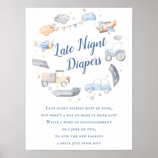Cars Transportation Late Night Diaper Baby Shower Poster (Front)