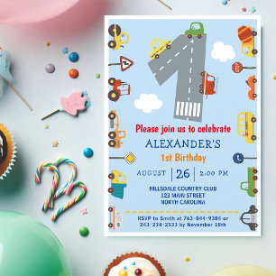 Cars & Trucks 1st Birthday Invitation Boy