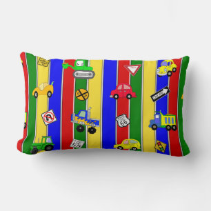 Cars, Trucks and Traffic Signs Red, Blue, Yellow, Lumbar Cushion