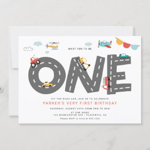 Cars & Trucks City Transportation First Birthday Invitation
