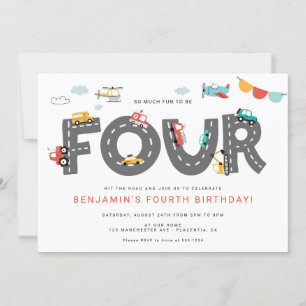 Cars & Trucks City Transportation FOURTH Birthday Invitation