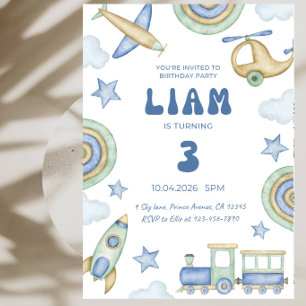 Cars Trucks Trains Aeroplanes Boy Birthday Party Invitation