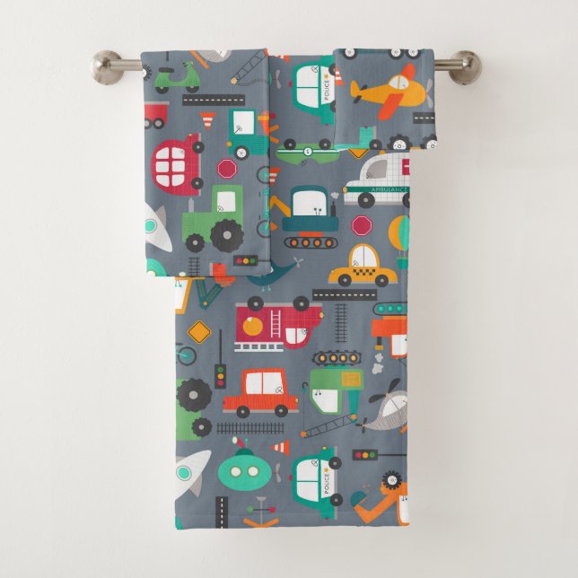 Cars Trucks Vehicles Kids Pattern  Bath Towel Set (Insitu)