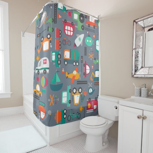 Cars Trucks Vehicles Kids Pattern  Shower Curtain (In Situ)