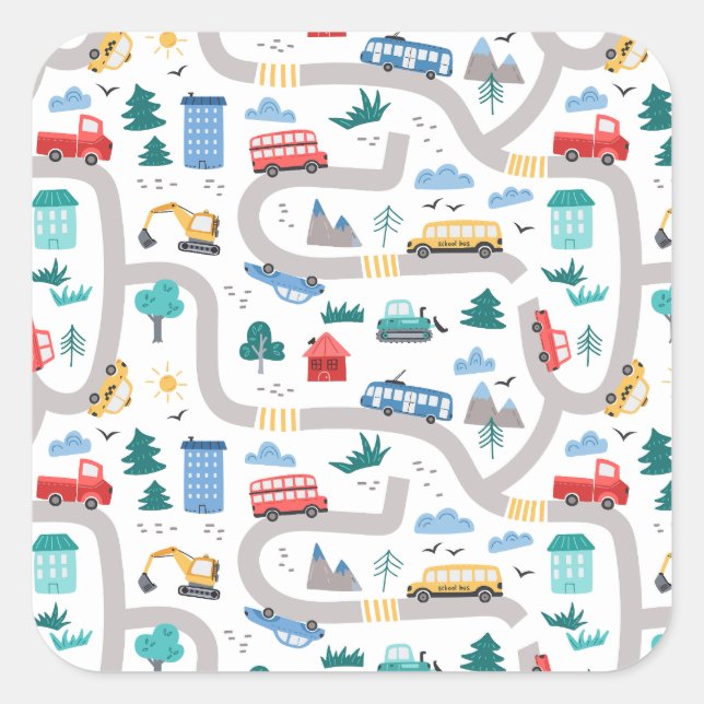 Cars & Vehicles Cartoon Road Pattern Background  Square Sticker (Front)