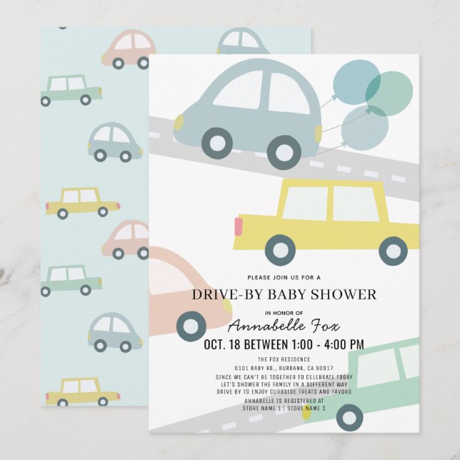 Cars with Balloons Blue Boy Drive-by Baby Shower Invitation (Front/Back)