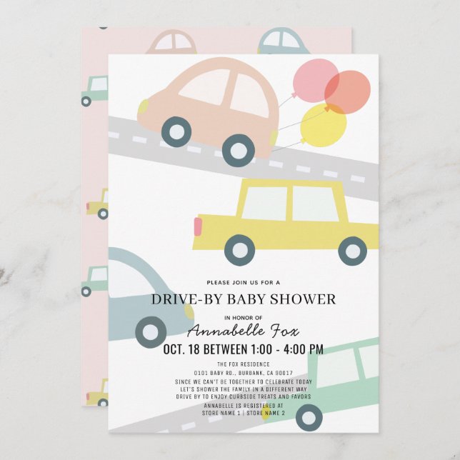 Cars with Balloons Pink Girl Drive-by Baby Shower Invitation (Front/Back)