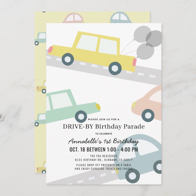 Cars with Balloons Yellow Drive-by Birthday Invitation (Front/Back)