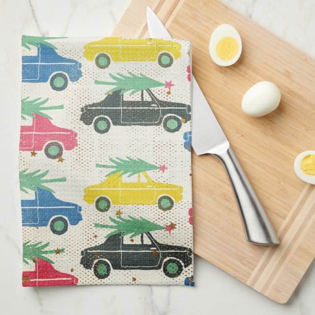 Cars with Trees on Top Retro Style Kitchen Tea Towel (Quarter Fold)
