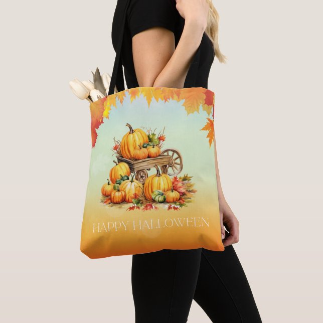 Cart of Pumpkins Fall Leaf Border Orange Halloween Tote Bag (Close Up)
