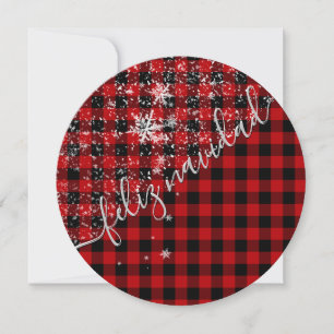 Carta de Navidad en Scriptura de Nieve Tartan Rojo Card