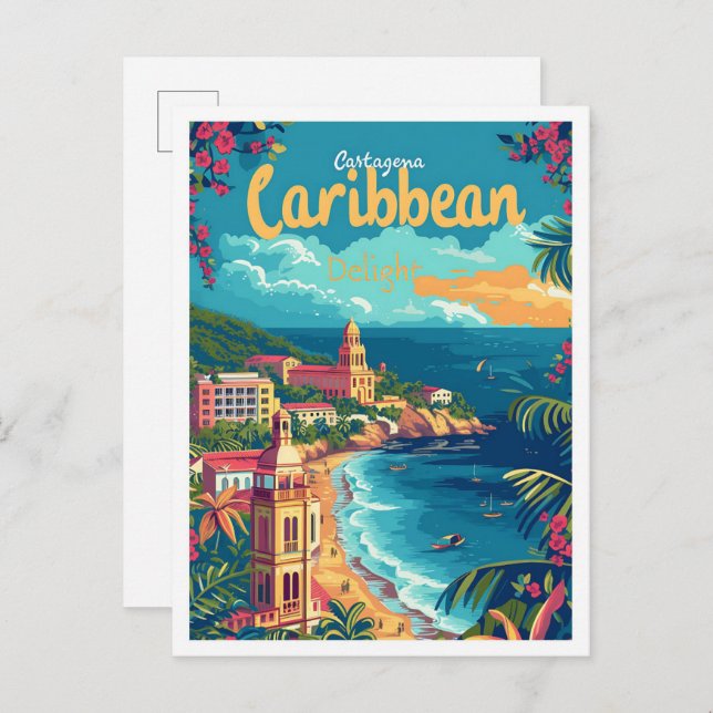 Cartagena Colombia Vintage Art Travel Illustration Postcard (Front/Back)