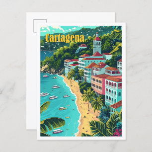 Cartagena Cuba Vintage Art Travel Illustration Postcard