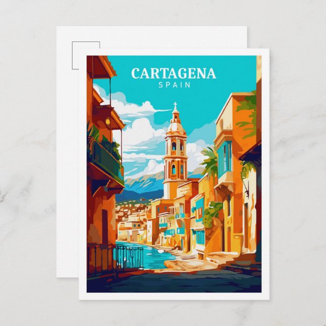 Cartagena Spain Vintage Art Travel Illustration Postcard (Front/Back)