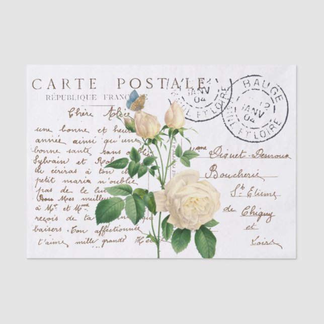 Carte Postale French Script Rose Flower Butterfly Tissue Paper (Front)