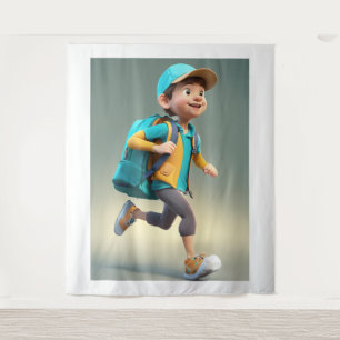 Cartoon 3D Boy Studying Round Sticker Icon   Cute  Tapestry