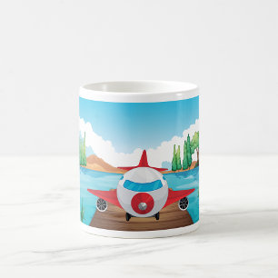 Cartoon Aeroplane on Lake Dock Fun Travel Adventur Coffee Mug