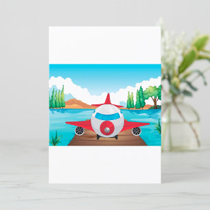 Cartoon Aeroplane on Lake Dock Fun Travel Adventur Invitation