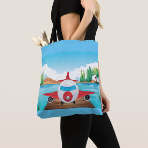 Cartoon Aeroplane on Lake Dock Fun Travel Adventur Tote Bag