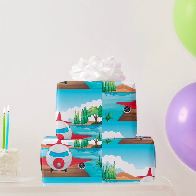 Cartoon Aeroplane on Lake Dock Fun Travel Adventur Wrapping Paper (Creator Uploaded)
